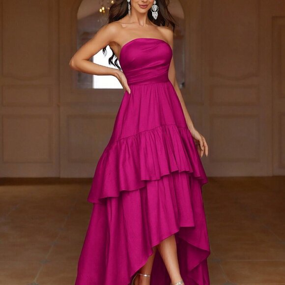 Hot Pink Party Women's Pleated Strapless Sleeve Evening Dress - Picture 5 of 7